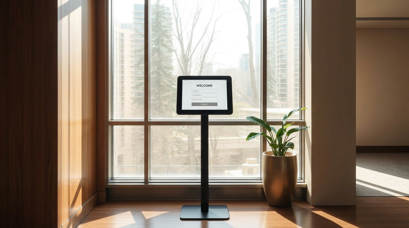 Floor-standing iPad kiosk in a sunlit modern lobby